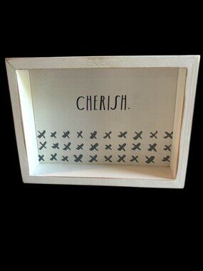 NWT-Rae Dunn White 'CHERISH.' Shadow Box Wall Art with Gray X Pattern
